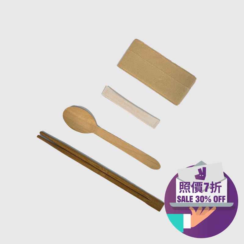 長碳化竹雙生筷 + 木製匙紙巾套裝（500套）Bamboo Chopstick + Wooden Cutlery Pack (500 Packs)